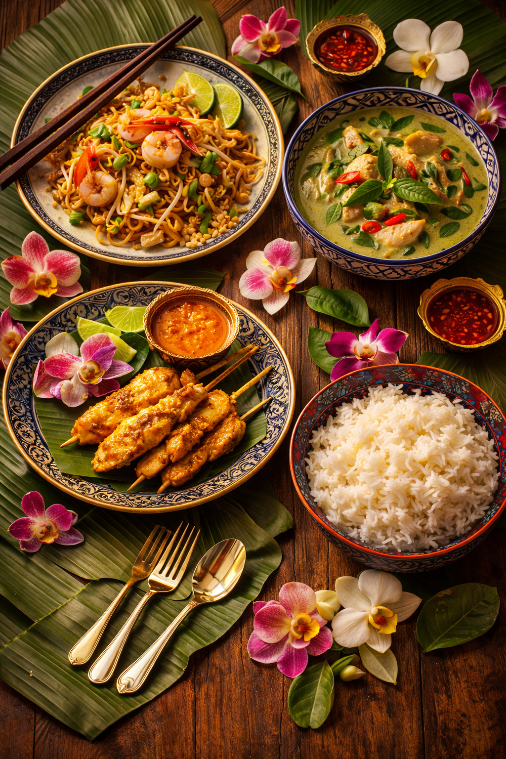 Thai dishes served on banana leaves with orchids, elegant and appetizing